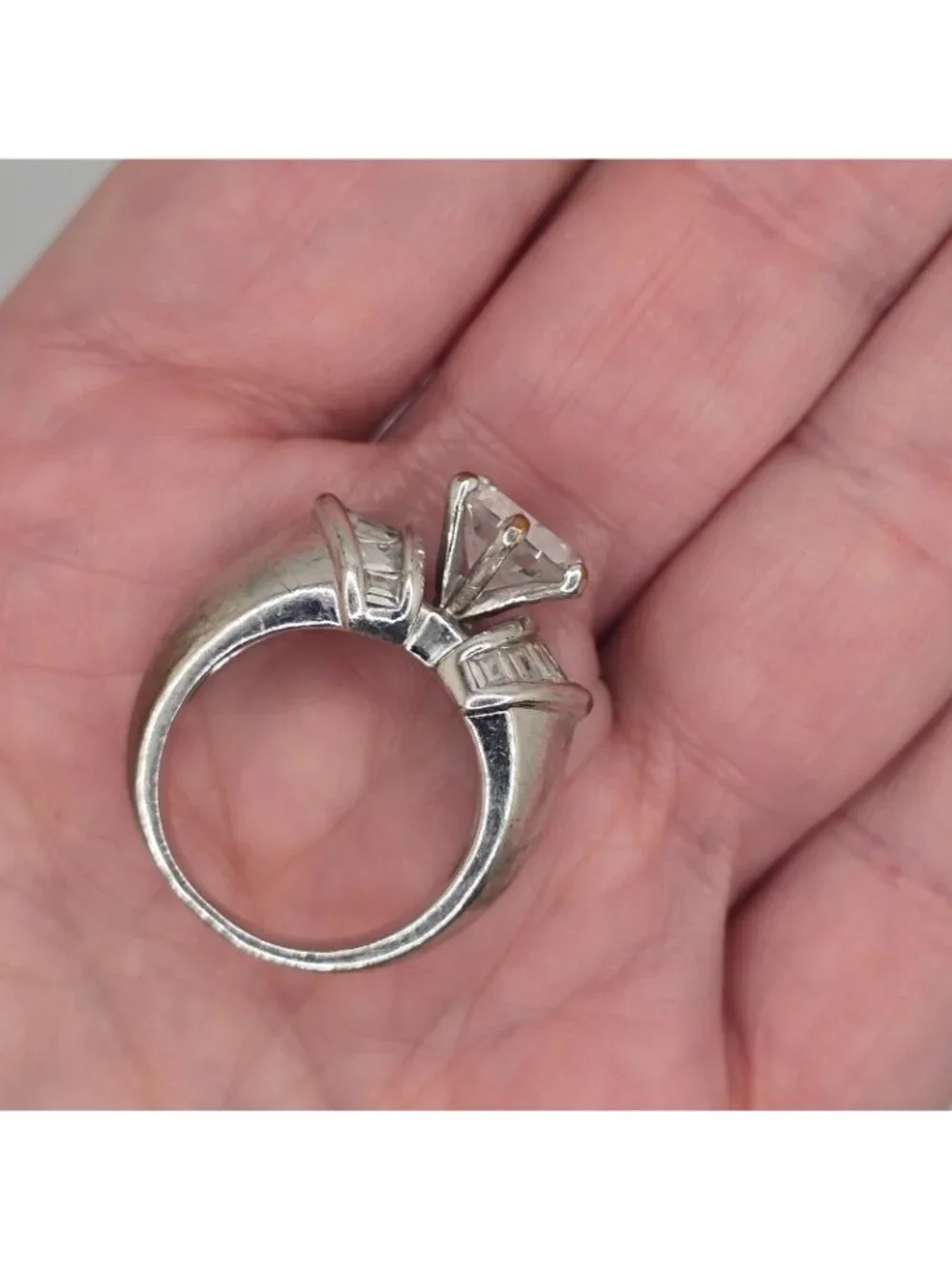 Vintage Silver-Tone Cocktail Ring Large Clear Center Stone Baguette Accents Size
